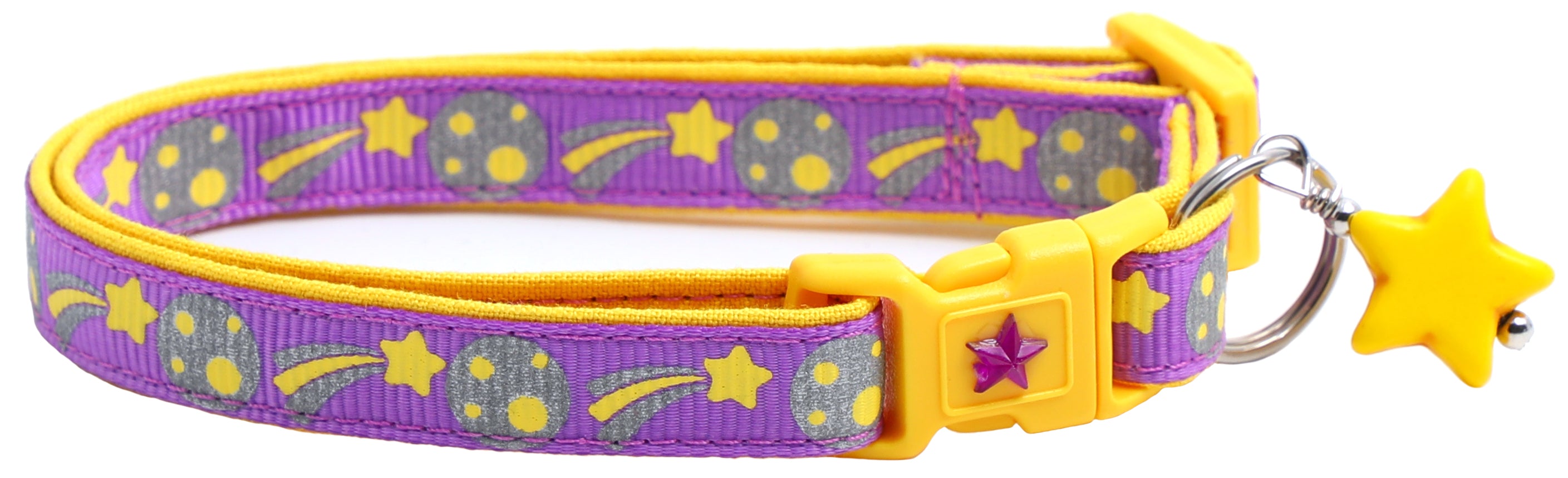 Shooting Stars Reflective Cat Collar showcasing reflective elements and reinforced cotton material, designed for safety and style.
